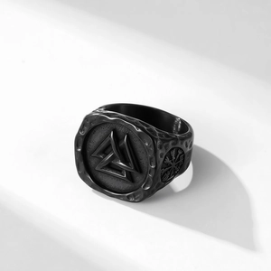 Vintage Viking Odin Valknut ring in matte black hammered finish stainless steel