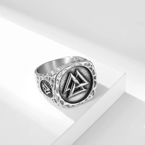 Vintage Viking Valknut ring in stainless steel with embossed Nordic Odin symbols
