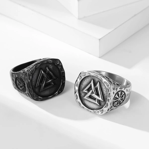 Vintage Nordic Viking rings set with Valknut and Vegvisir symbols in black and silver steel