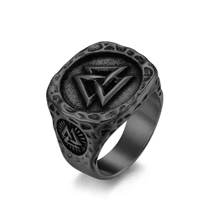 Viking Valknut Odin Triangle Signet Ring For Men Retro Nordic Mythology Titanium Steel Punk Biker Finger Jewelry Gift