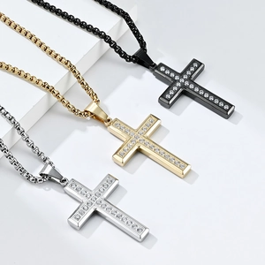 Edelstahl Kreuzanhänger Halsketten mit Zirkonia in Schwarz, Gold und Silber Optik