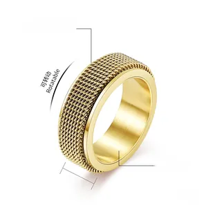 Detail of 8mm golden fine steel rotatable ring with woven mesh texture and specifications