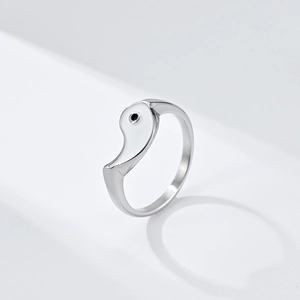 Minimalist stainless steel Tai Chi Yin Yang ring set with polished silver metal finish