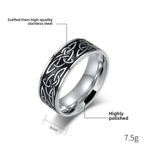 Macro detail of 8mm stainless steel Celtic knot ring with high polish finish