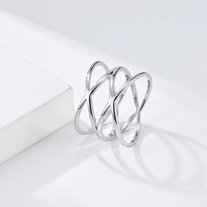 Polished silver stainless steel triple layer criss-cross open geometric ring for women