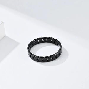 Modern black geometric V-shaped stainless steel ring with subtle zircon inlay
