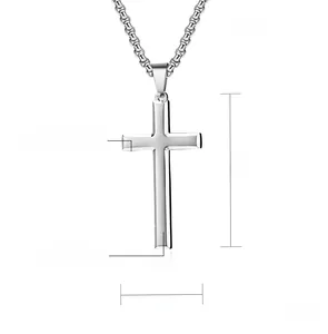Macro view of polished fine steel cross pendant showing detailed 48mm height dimensions