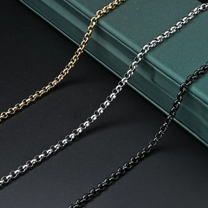 Classic stainless steel rolo chain necklaces in gold, silver, and gun black finishes