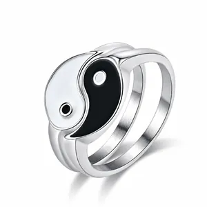 Stainless Steel Yin Yang Tai Chi Ring For Men Women Polished Chinese Style Enamel Band Ring Vintage Jewelry Gift