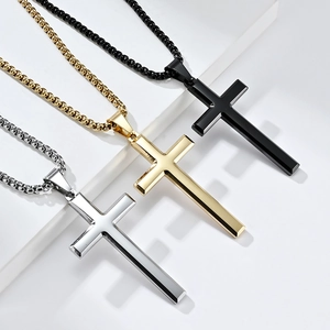 Polished stainless steel cross necklaces in silver, gold, and black for men and women