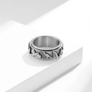 Vintage stainless steel spinning ring with ancient Egyptian hieroglyphic relief carvings