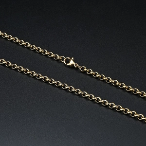 Detailed close-up of golden stainless steel rolo chain necklace with secure lobster clasp