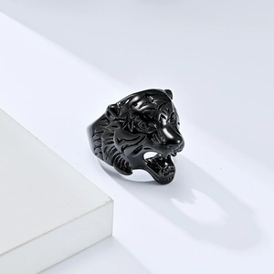 Polished black stainless steel tiger head ring for men with detailed roaring tiger face design