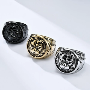 Vintage stainless steel lion head rings for men in black, gold, and silver finishes