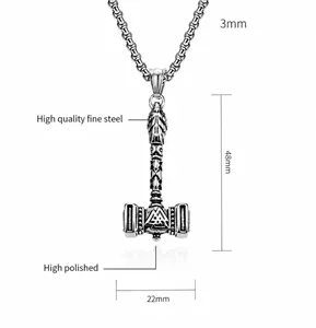 Detail view of Mjolnir hammer pendant with Valknut symbols and 3mm steel chain