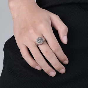 Vintage stainless steel sunburst eye ring with a clear zircon stone for men and women