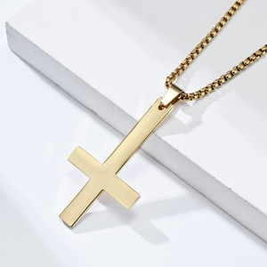 Polished gold stainless steel inverted St. Peter cross pendant necklace with box chain