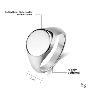 Detail view of 15mm stainless steel signet ring with high polished finish and 8g weight