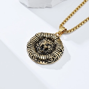 Vintage Löwenkopf Anhänger Halskette aus Edelstahl mit goldener Box-Kette für Herren