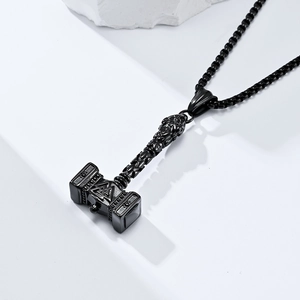 Nordic Viking Mjölnir Thor's Hammer necklace in matte black stainless steel finish