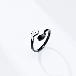 Minimalist stainless steel Tai Chi Yin Yang open ring with black and white enamel finish