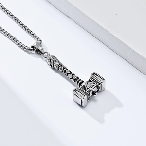 Vintage stainless steel Mjolnir pendant necklace with Valknut engravings and box chain