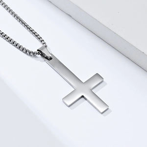 Polished silver inverted St. Peter cross pendant with stainless steel box chain necklace