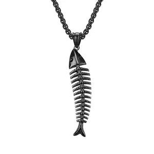 Hip Hop Fishbone Skeleton Pendant Necklace Stainless Steel Punk Personalized Animal Bone Chain Jewelry For Men Women