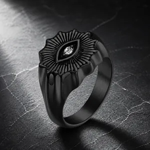 Retro Stainless Steel Evil Eye Ring For Men Zirconia Inlaid Sunburst Pattern Punk Gothic Band Ring Jewelry Gift