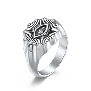 Retro punk style stainless steel ring for men featuring a sunburst eye design and zircon
