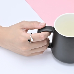 Yin Yang Tai Chi open ring in silver finish with black and white enamel for unisex wear