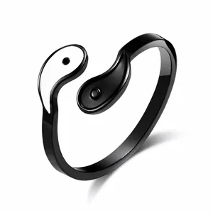 Tai Chi Yin Yang Stainless Steel Open Ring For Men Women Vintage Adjustable Enamel Fish Finger Ring Niche Fashion Jewelry