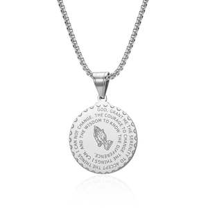 Collier Pendentif Disque Rond en Acier Inoxydable Vintage Relief Mains en Prière Prière de Sérénité Bijoux Hip Hop pour Hommes
