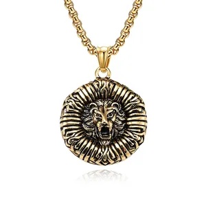 Vintage Edelstahl Löwenkopf Anhänger Halskette Für Herren Hip Hop Rock Schmuck Runde Relief Löwenkopf Medaille Kette