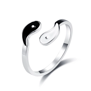 Adjustable stainless steel Yin Yang Tai Chi ring with black and white enamel finish