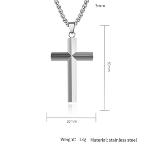 Polished silver stainless steel cross pendant measures 50mm x 30mm with a 3mm wide chain