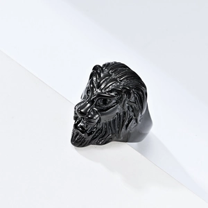 Vintage black stainless steel lion head ring for men with detailed sculpture design