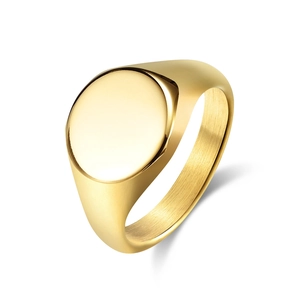 Minimalist circular gold signet ring in polished stainless steel for a sleek look