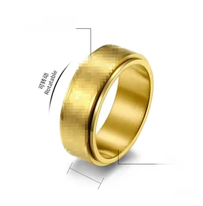 Detailed view of 8mm golden spinner ring with brushed texture and polished steel finish