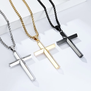Polished stainless steel diamond-cut cross necklaces in silver, gold, and black colors