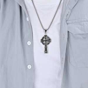 Vintage Viking Celtic cross pendant necklace for men with square pearl chain on model