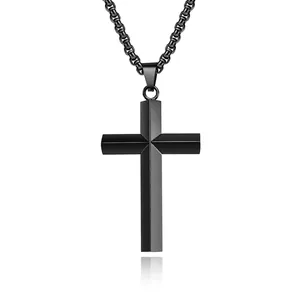 Minimalist Stainless Steel Cross Pendant Necklace For Men Women Rhombus Mirror Surface Geometric Religious Jewelry Necklaces