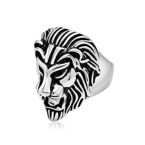 Vintage stainless steel lion head ring for men with antique silver finish on white background