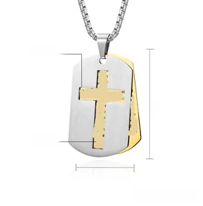 Detail of double-layer stainless steel cross pendant in silver and gold finish