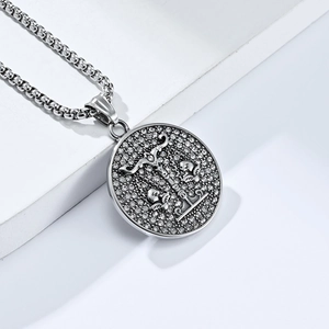 Gothic silver-tone Libra skull pendant necklace with sparkling micro-pave crystals on box chain