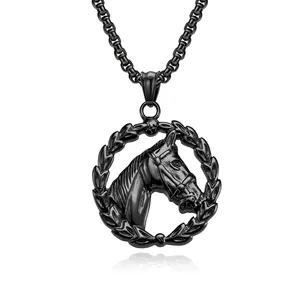 Vintage Stainless Steel Horse Head Wreath Pendant Necklace Retro Animal Hip Hop Jewelry Gold Black Steel Color Pendant Necklaces Unisex Commemorative Gift