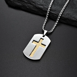Men's dual-tone stainless steel dog tag necklace with a hollow gold cross pendant