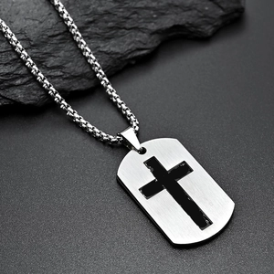 Men's double-layer stainless steel cross dog tag pendant with brushed metal finish