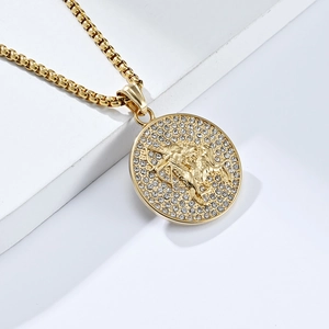 18K gold plated stainless steel Sagittarius coin necklace with crystal pavé and box chain