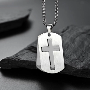 Men's dog tag necklace with hollow cross and engraved scripture on black rock